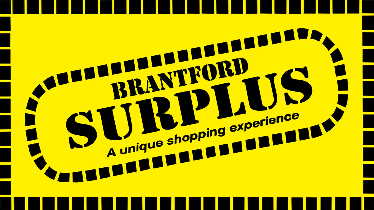 "Yellow and black graphic featuring 'Brantford Surplus' text and slogan 'A unique shopping experience' in a decorative frame."